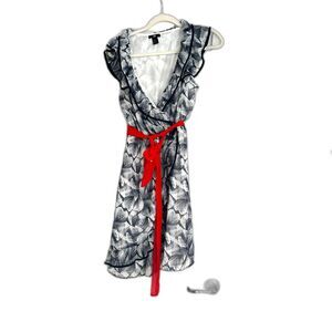 H&M Black & White Abstract Wrap Dress | Red Belt | Ruffle | Size 12